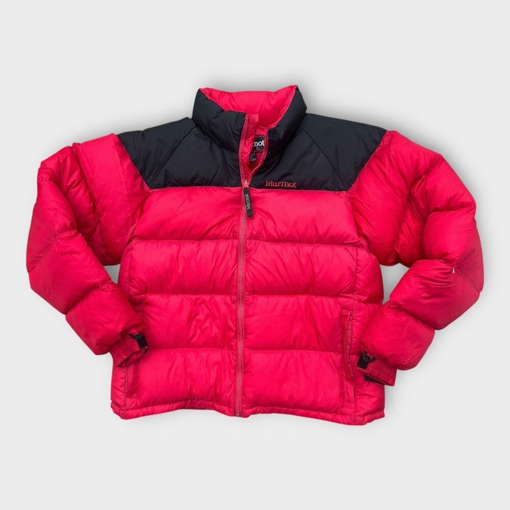 Vintage 90s Marmot Down Puffer Coat Full Zip Red Black Yoke Mens Medium Gorpcore